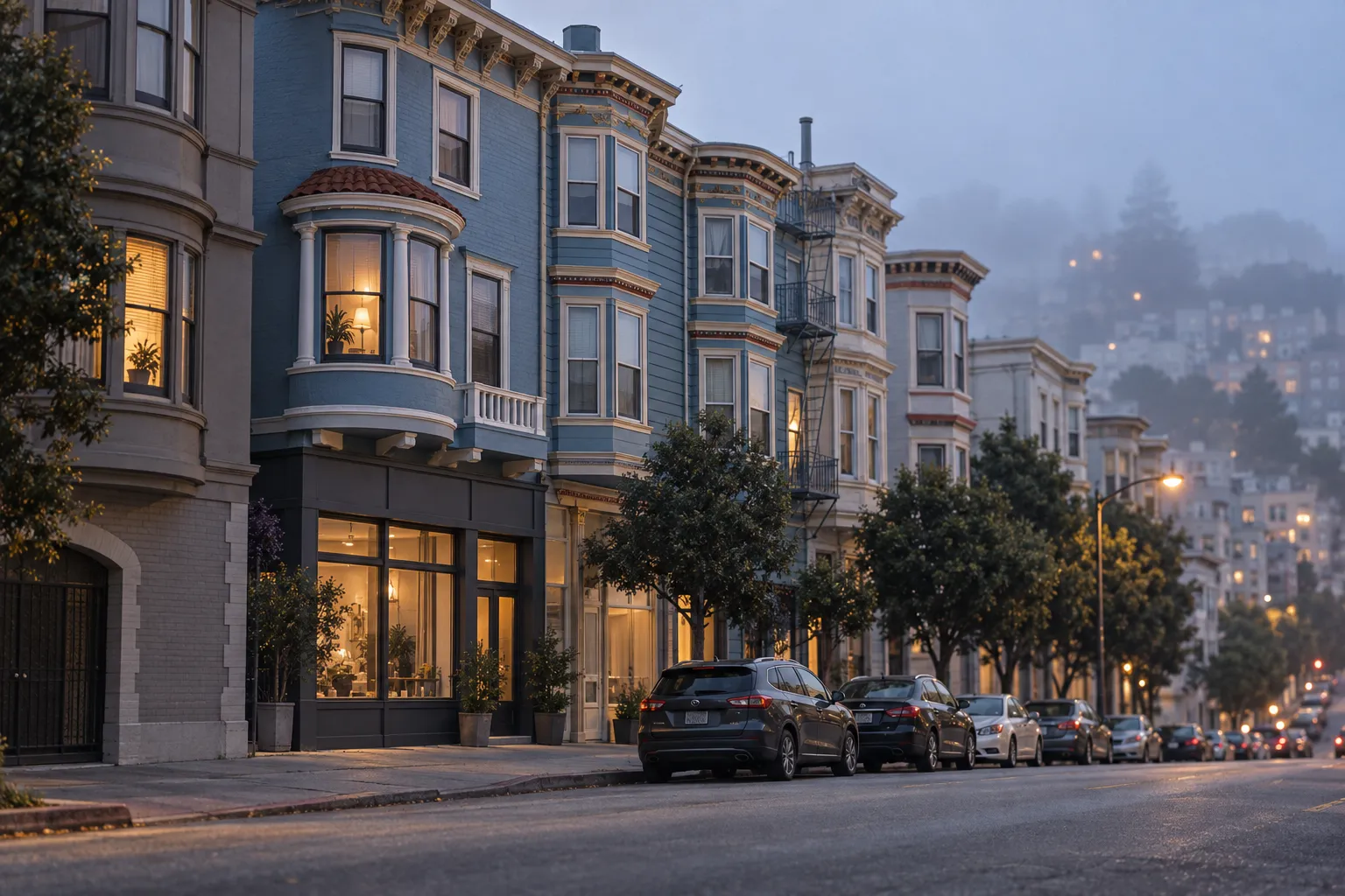 A quiet Fillmore Street block in San Francisco under soft evening light