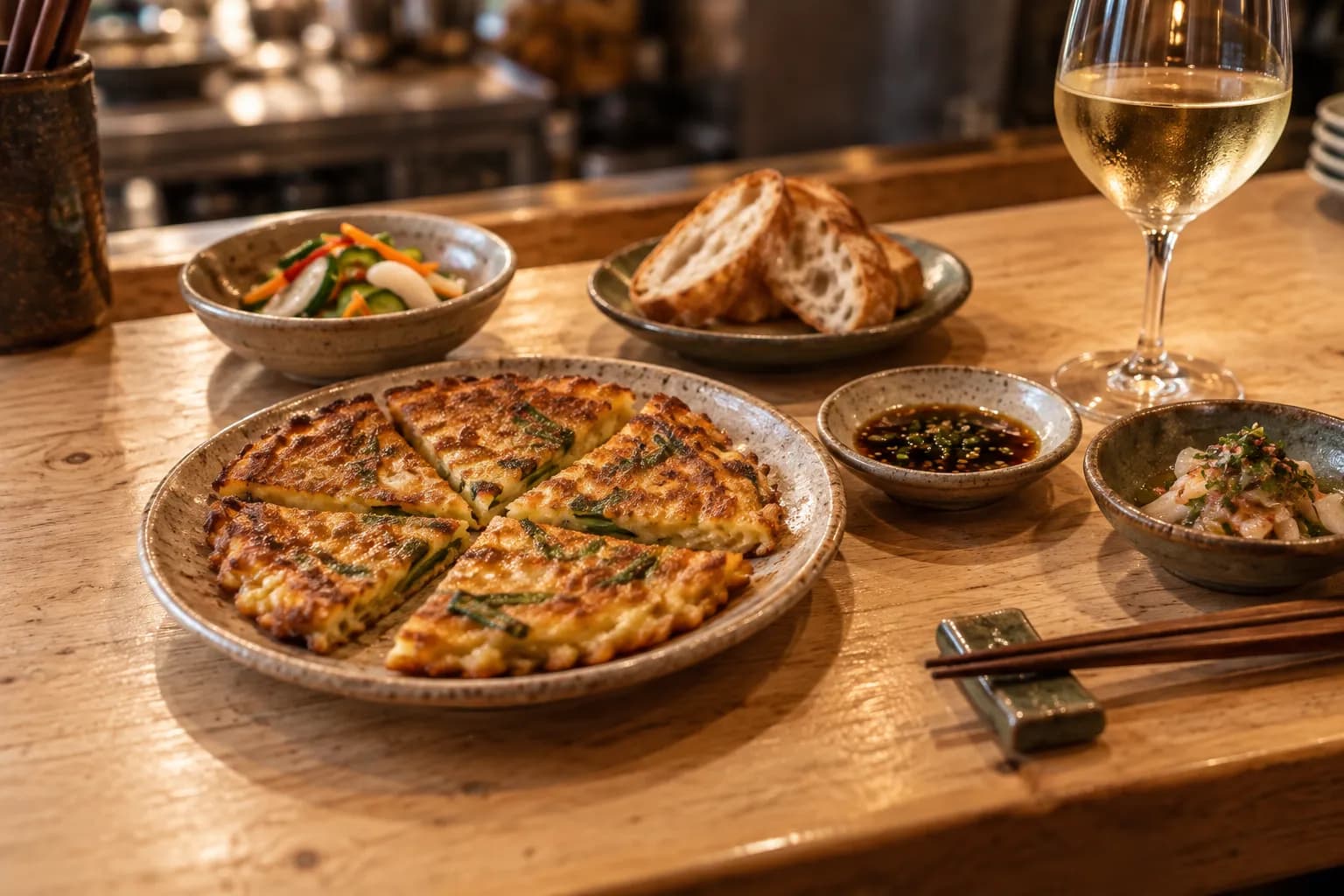 Small plates and a savoury pancake arranged on a narrow wooden restaurant counter