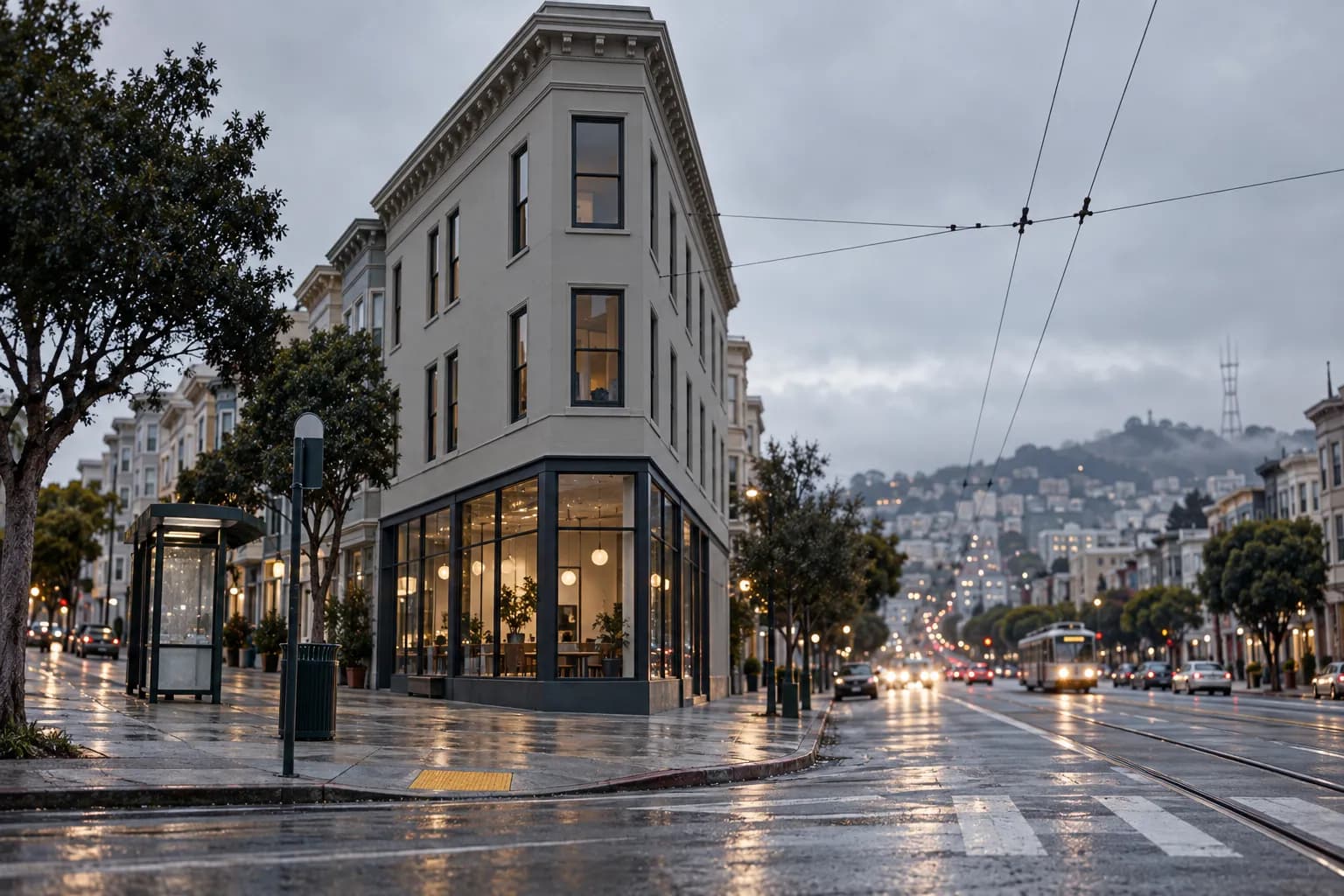 A wedge-shaped corner building on a wide San Francisco street in flat afternoon light
