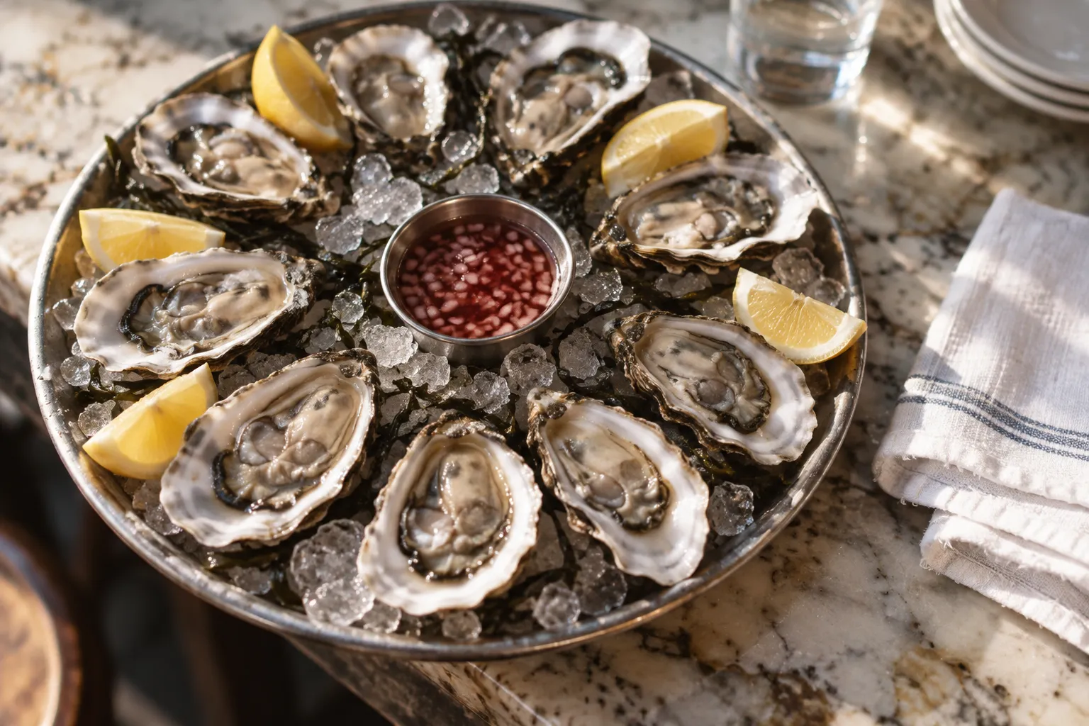 An open platter of oysters on crushed ice with lemon on a marble counter