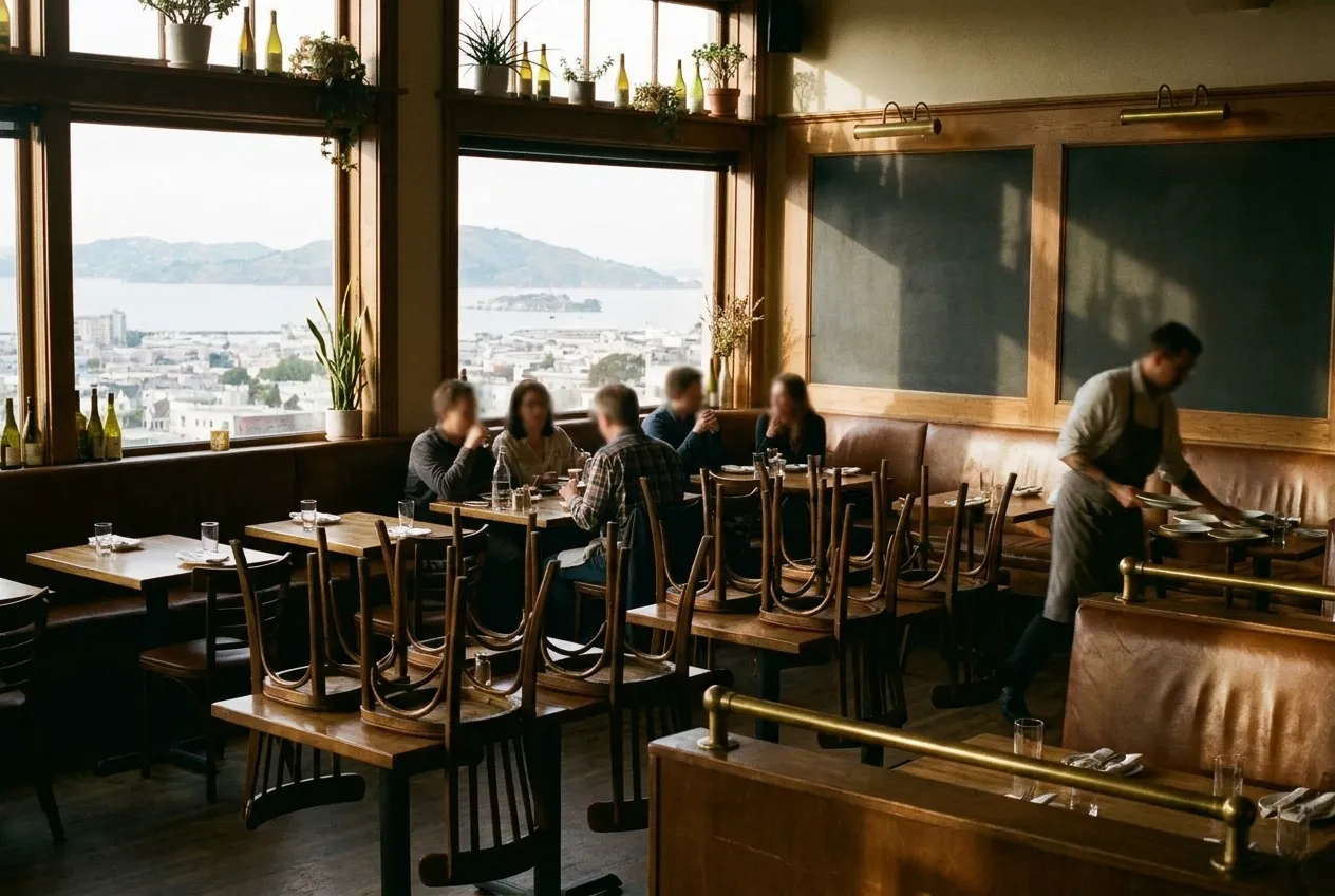 A dining room late in service, most tables cleared, two still occupied