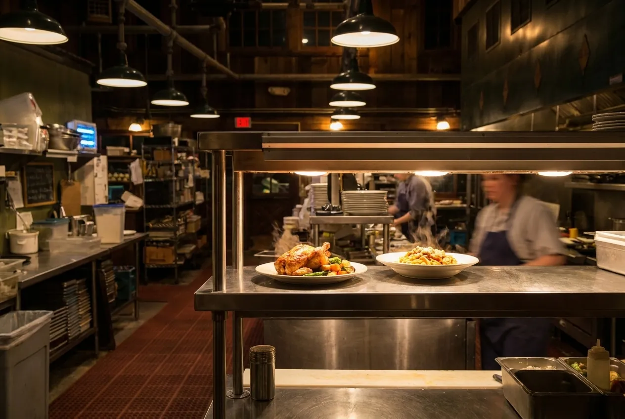 A kitchen pass under heat lamps with two plates waiting to go out