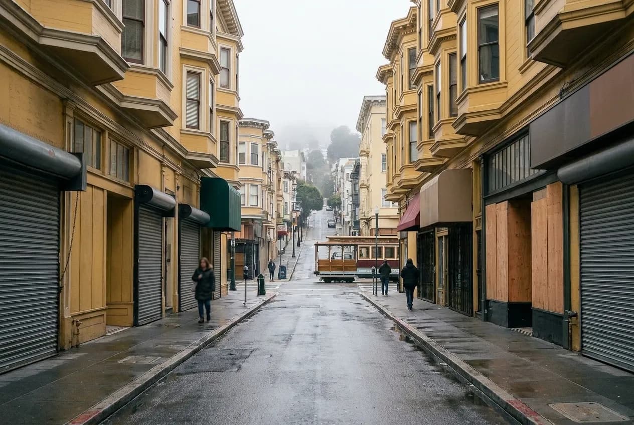 A quiet commercial street on a grey winter afternoon, most shutters down