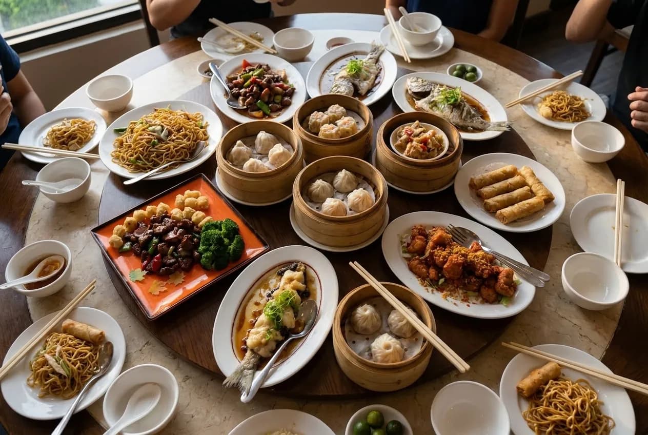 A round table crowded with shared dishes, seen from above, chopsticks resting
