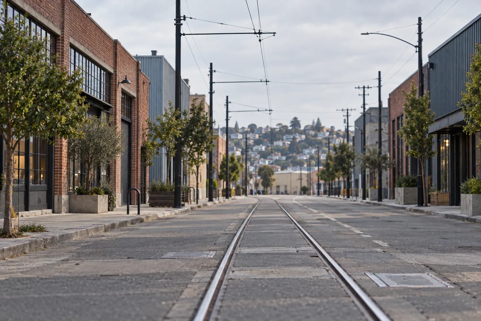 A Dogpatch street of low industrial buildings in San Francisco