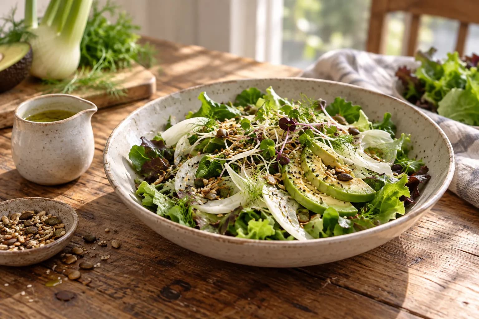 A salad bowl with greens, seeds and avocado on a wooden table