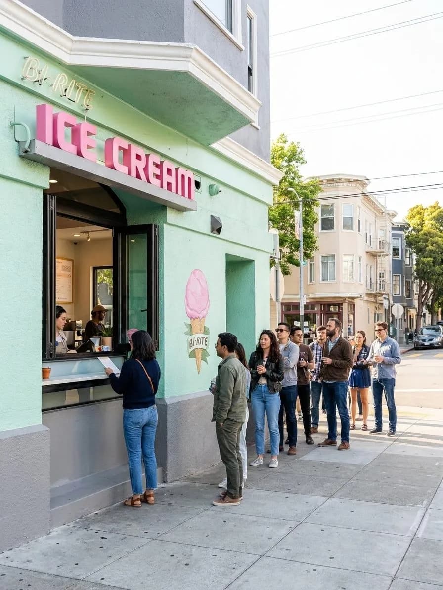 Bi-Rite Creamery storefront and sidewalk line in San Francisco's Mission District
