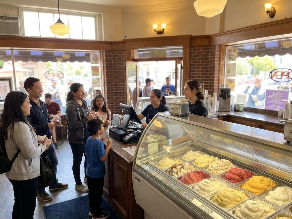 Mitchell's Ice Cream counter with colorful scoops and customers ordering in San Francisco