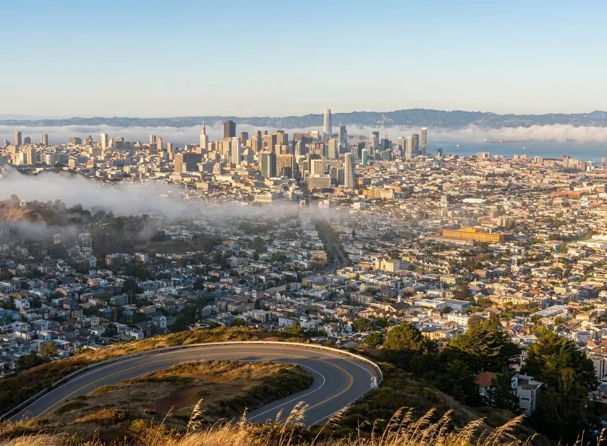 Twin Peaks overlook with San Francisco skyline and low clouds