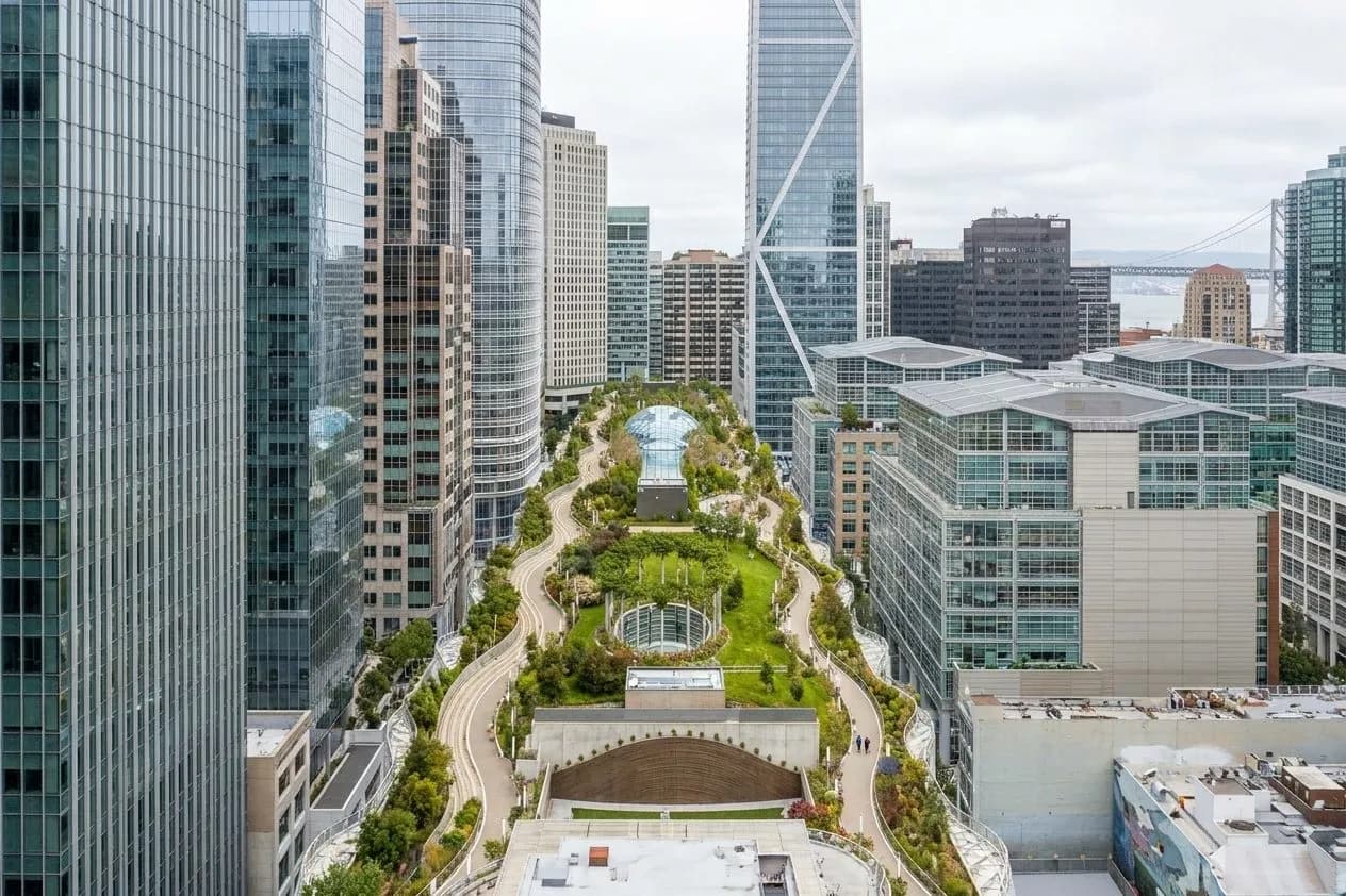 Salesforce Park rooftop paths with downtown San Francisco towers