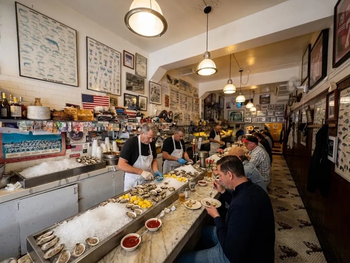 A narrow San Francisco oyster counter with a small morning line outside