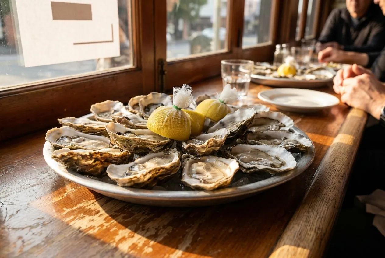 A plate of oysters on the half shell with lemon, seen close and from a low angle