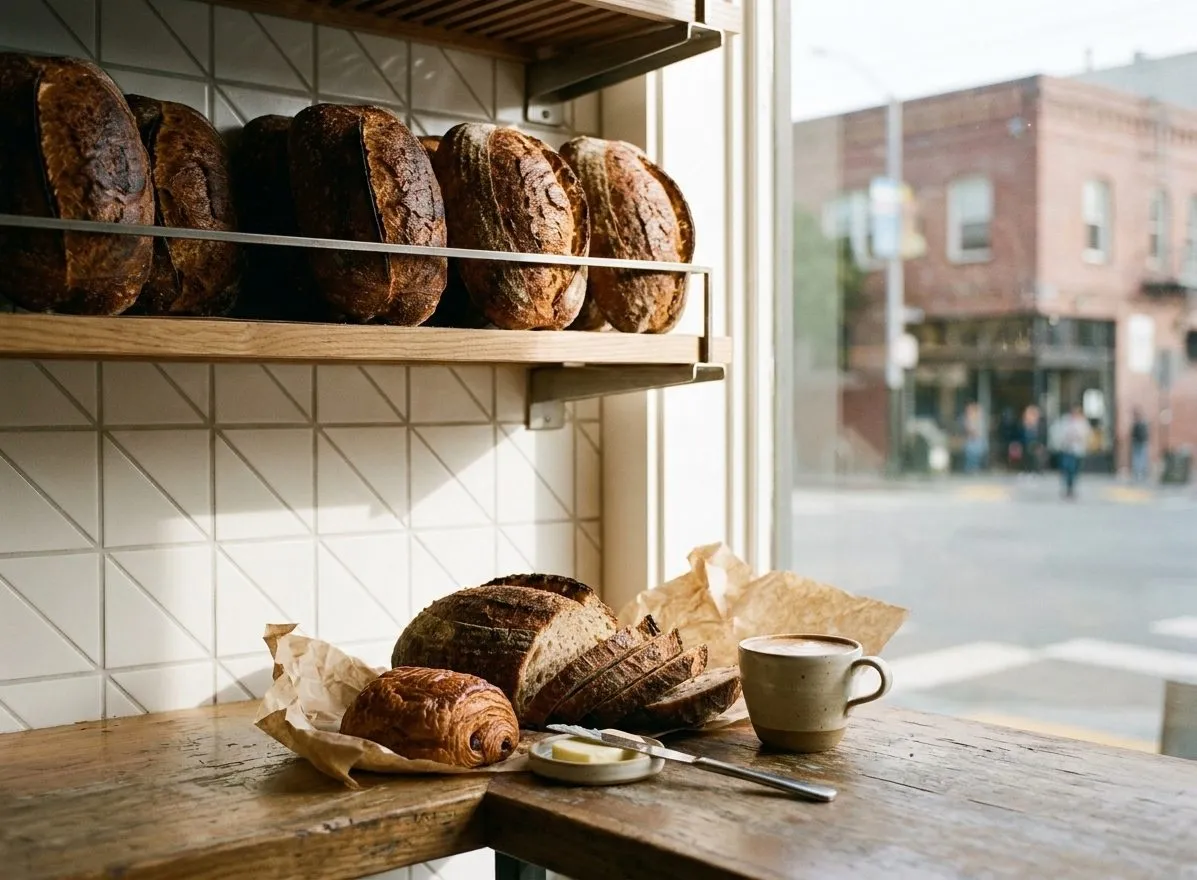 Sourdough loaf and breakfast pastries on a bakery counter in San Francisco