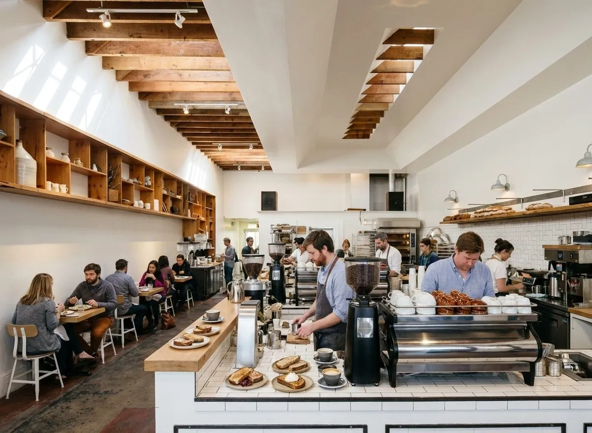 Bright bakery counter with toast and coffee in San Francisco