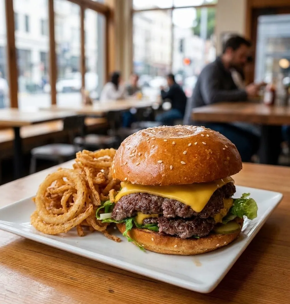 A smash burger and fries on a table in a San Francisco burger spot