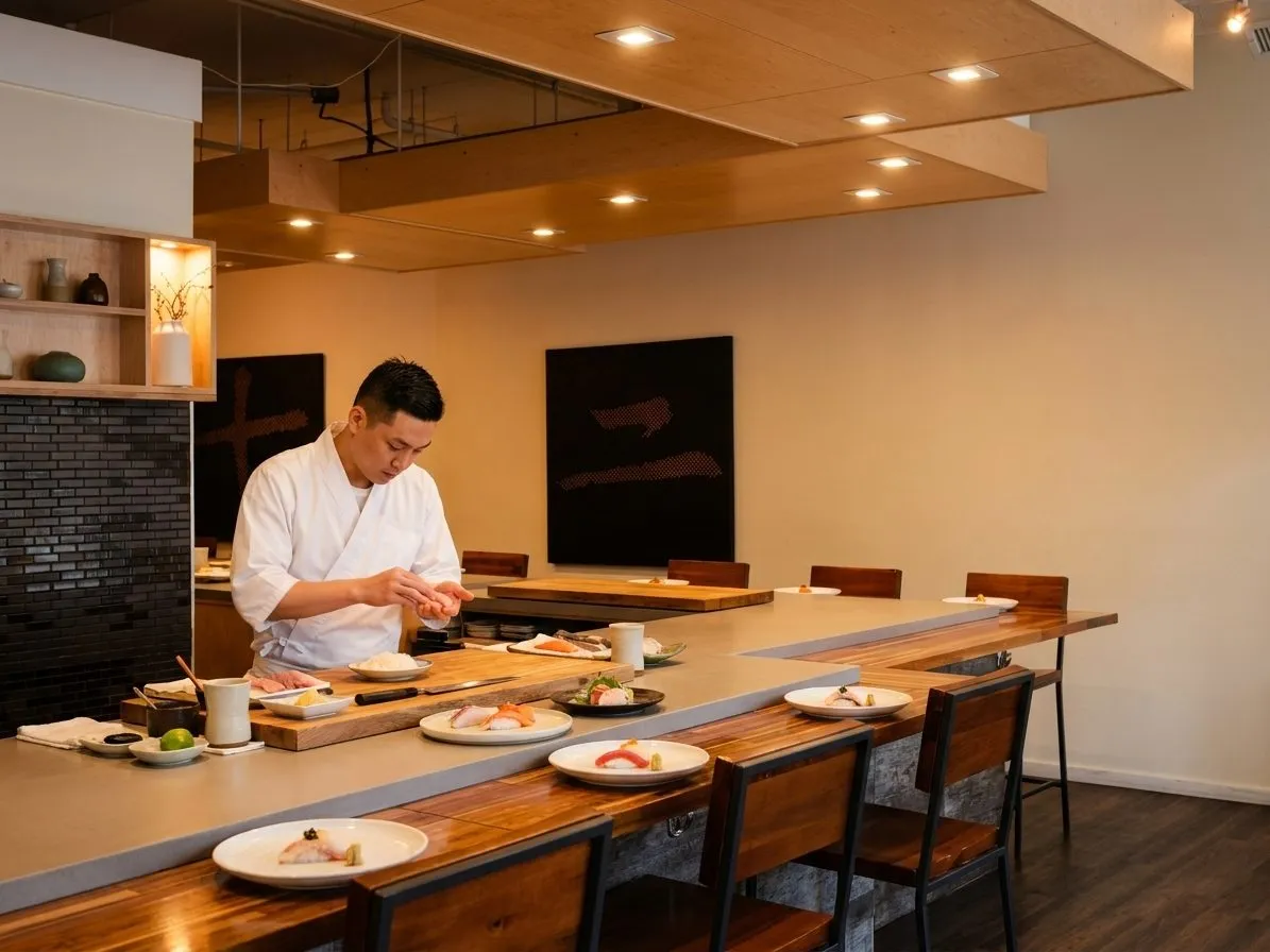 Chef preparing nigiri at a warm wooden sushi counter in San Francisco