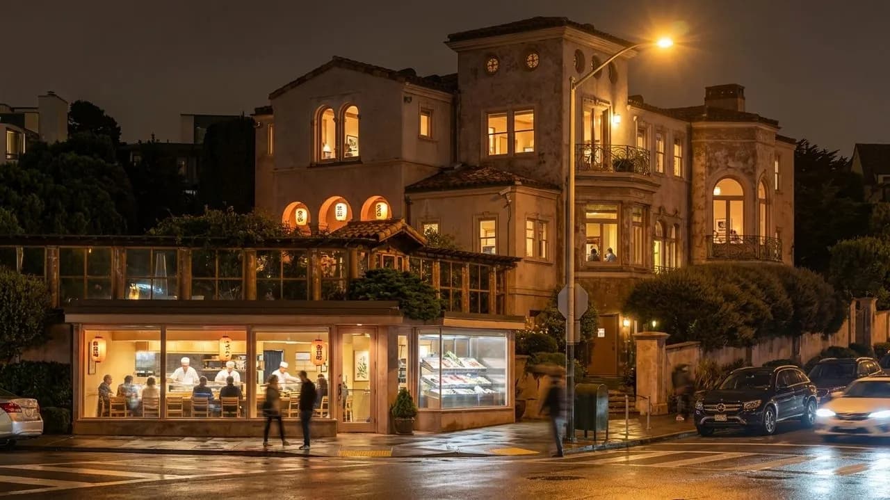 Sushi restaurant storefront glowing on a San Francisco evening street