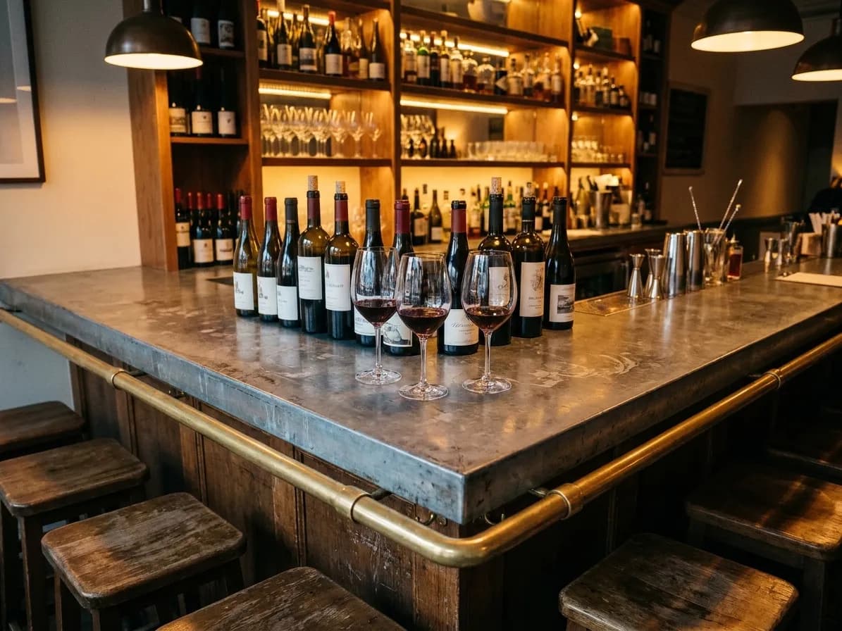 Three stemmed glasses of wine on a scarred zinc counter in a small San Francisco wine bar, open bottles and warm shelving behind