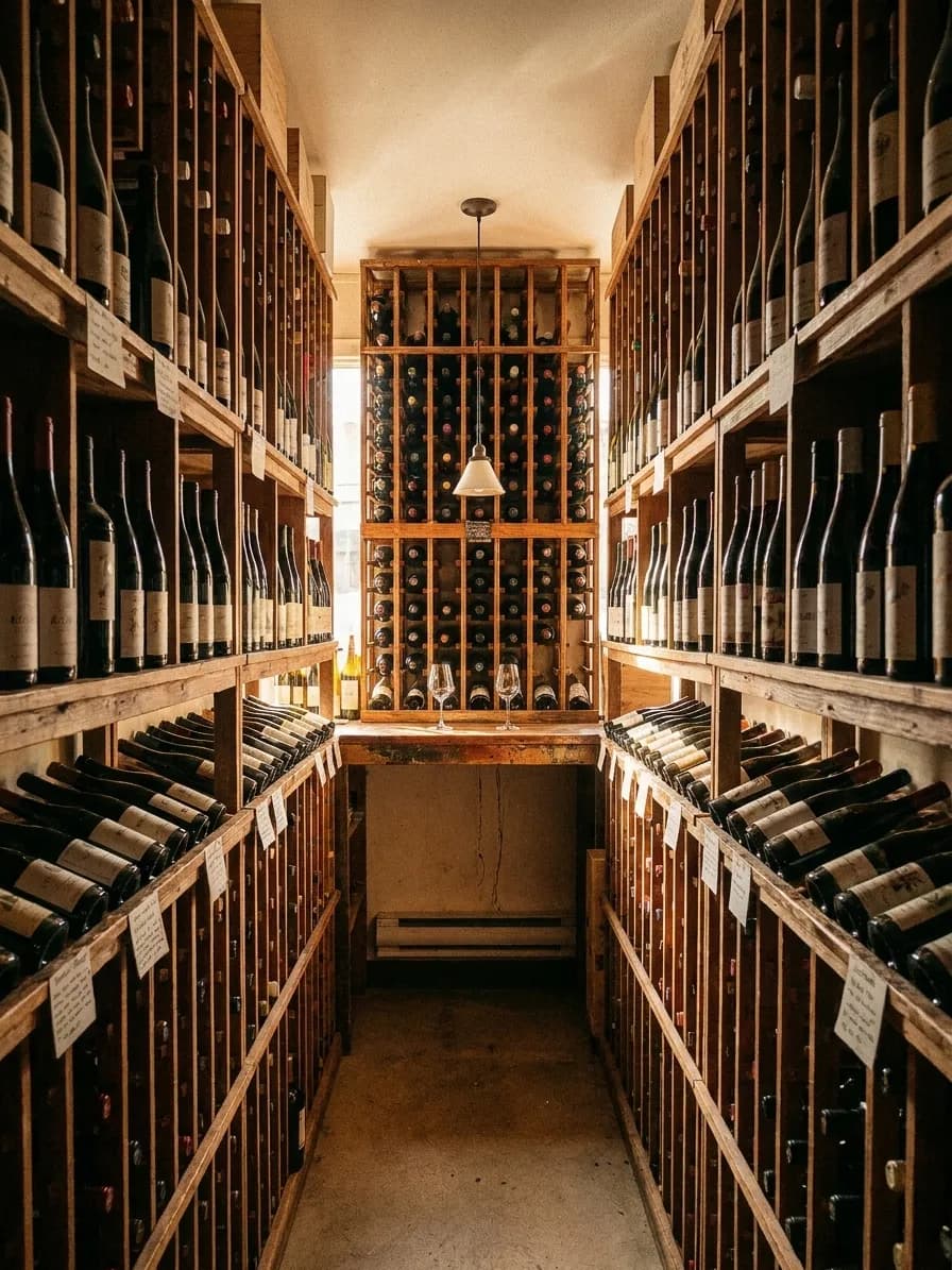 A narrow San Francisco bottle shop with wooden wine racks down both sides and a small tasting ledge with two glasses at the end