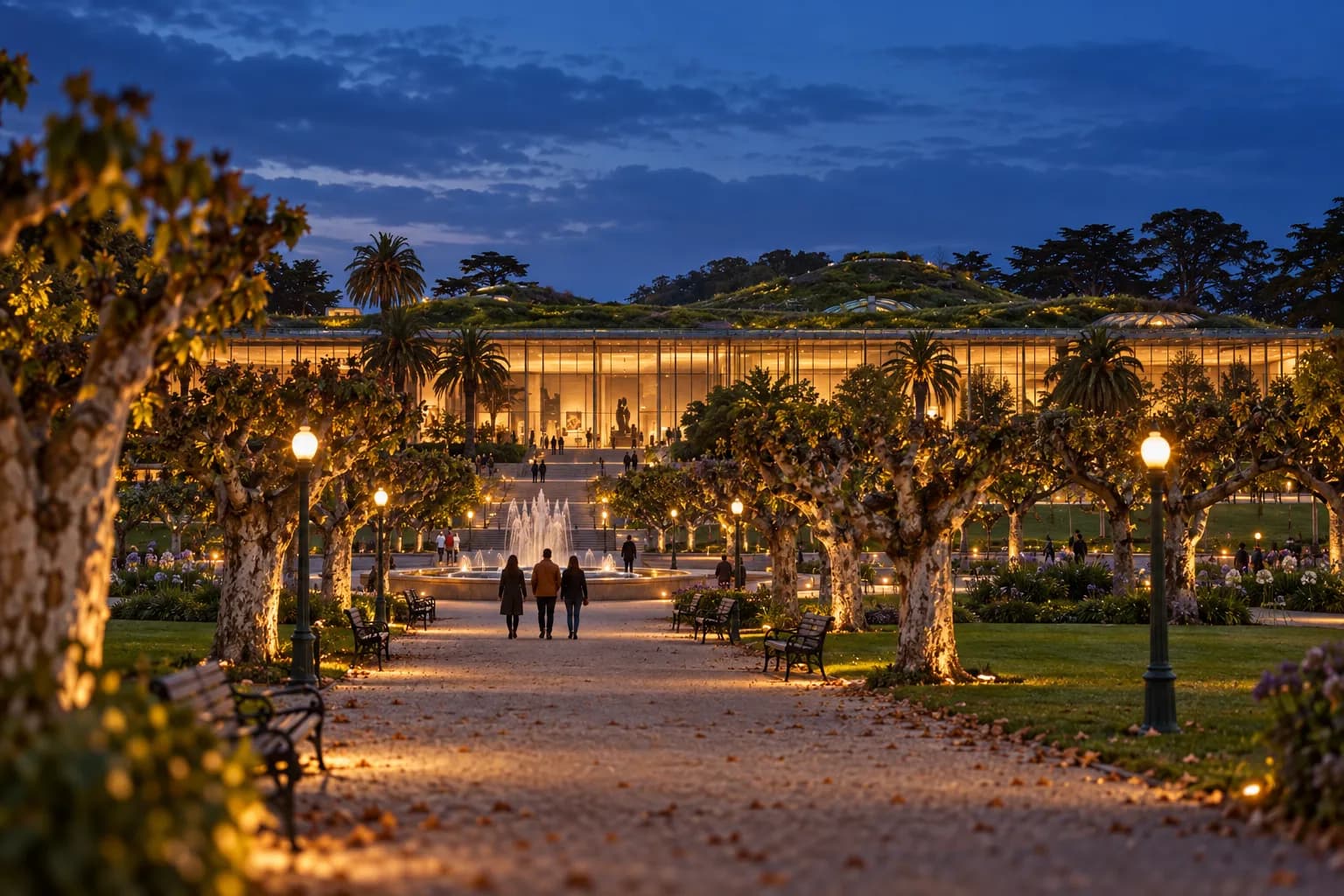 A museum building with a living roof beside a park concourse at dusk