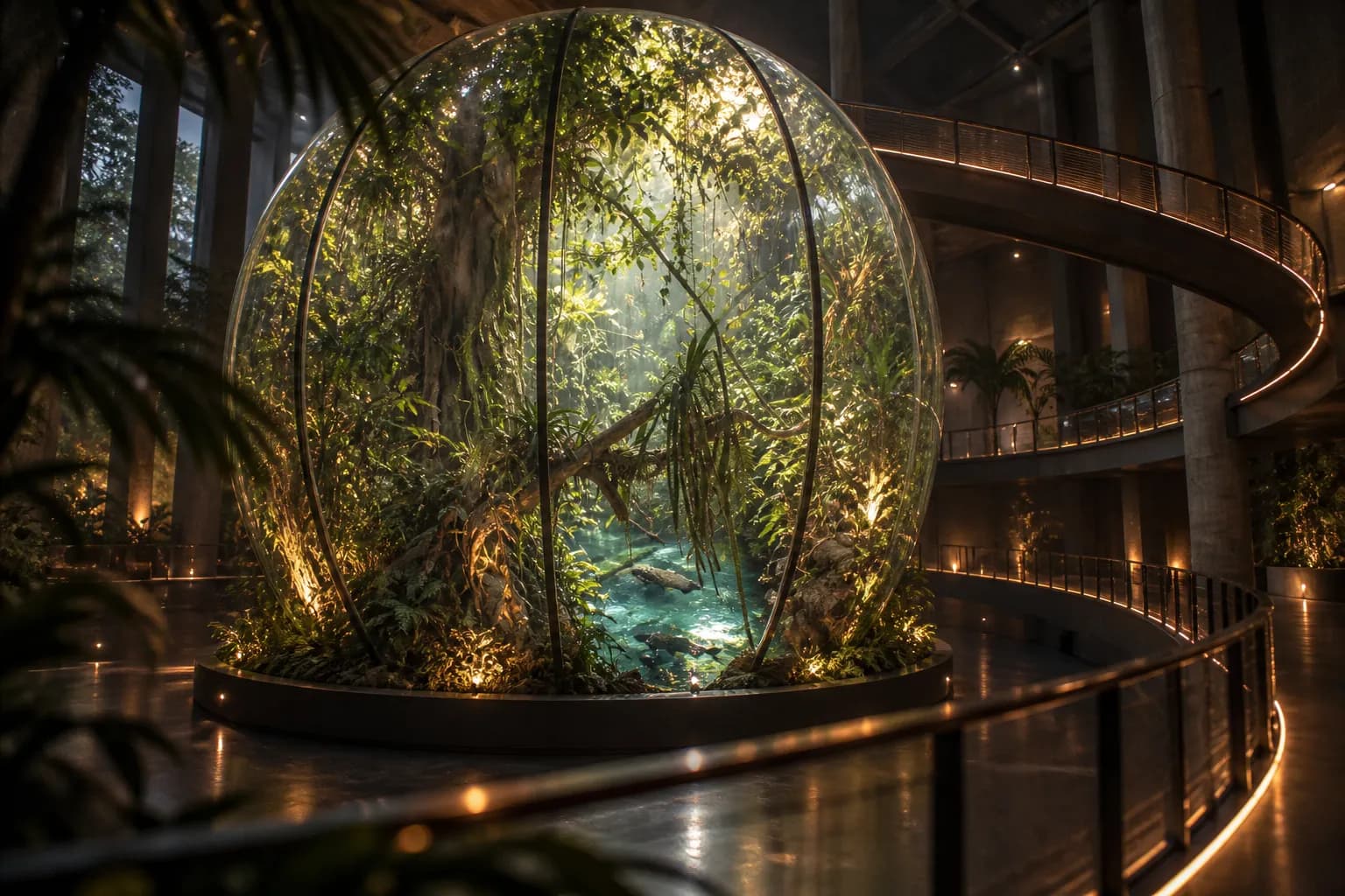 A glass biosphere dome lit from within a darkened museum hall