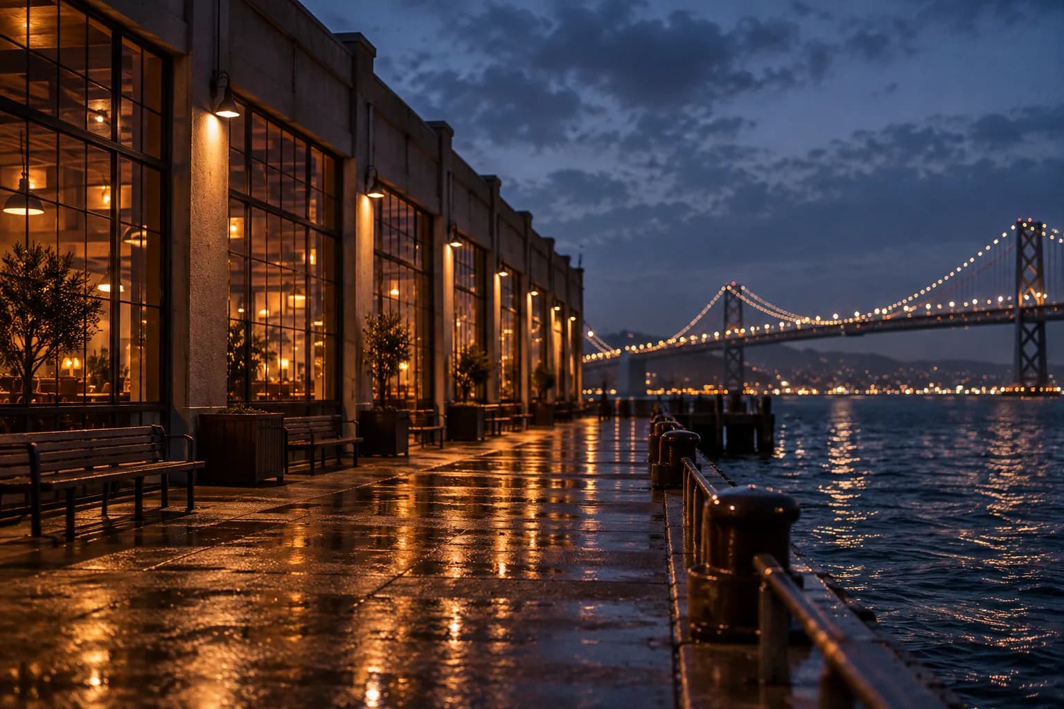 A long pier building on the San Francisco waterfront lit at night