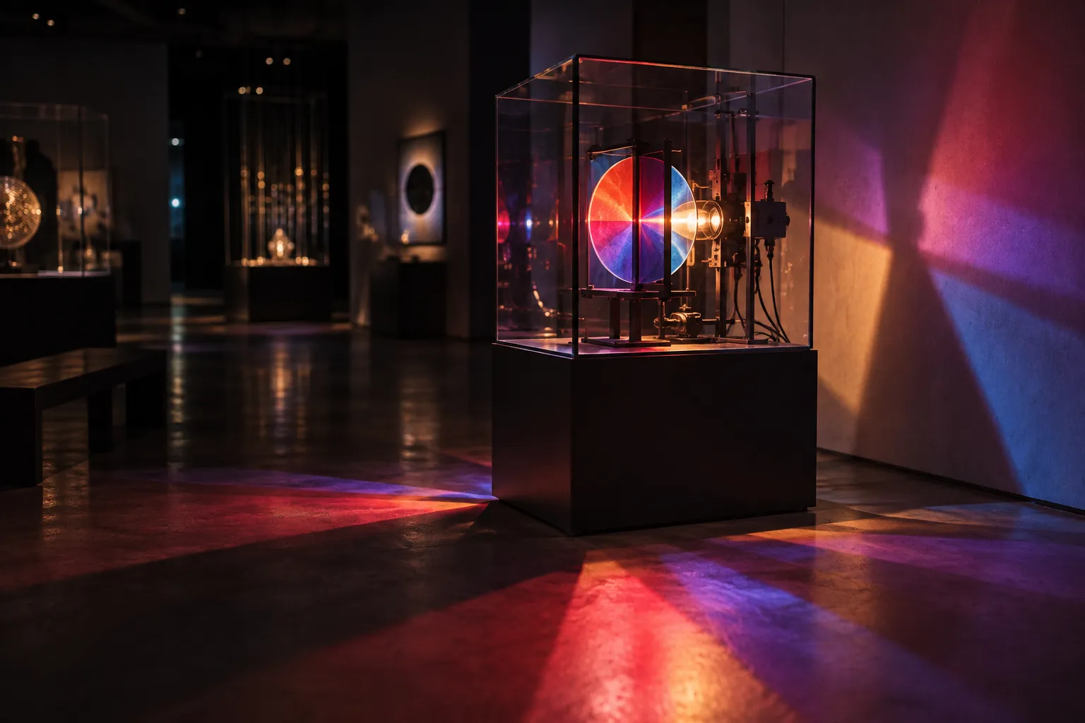 An interactive science exhibit glowing in a darkened hall