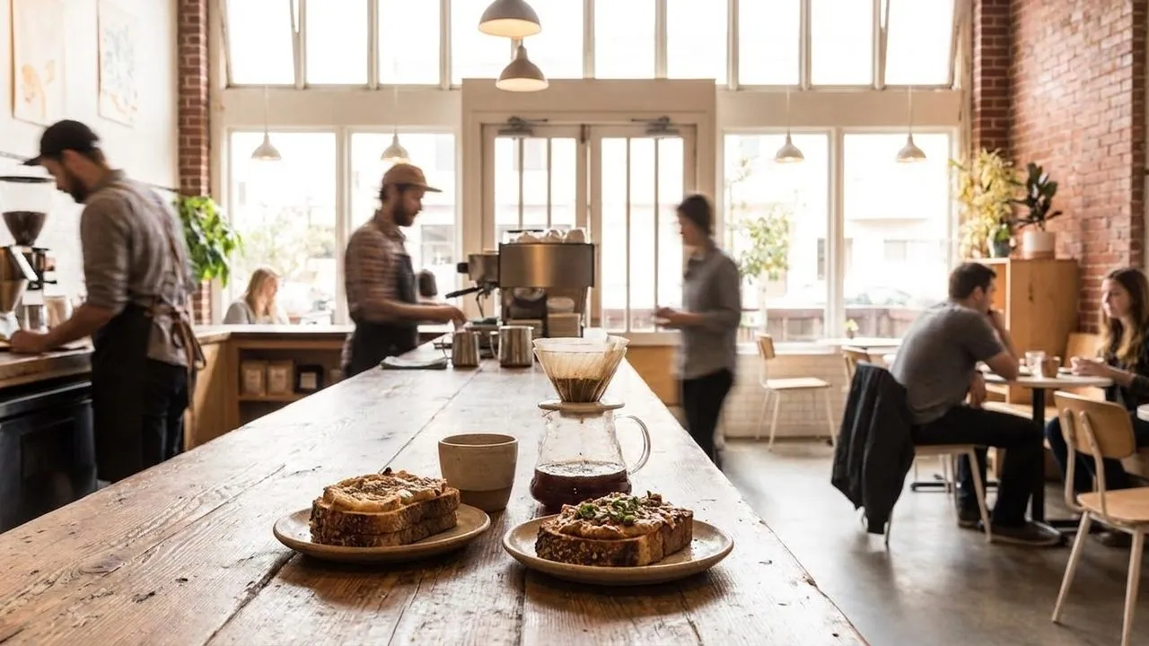 Coffee and thick toast on a wooden counter beside a pastry case