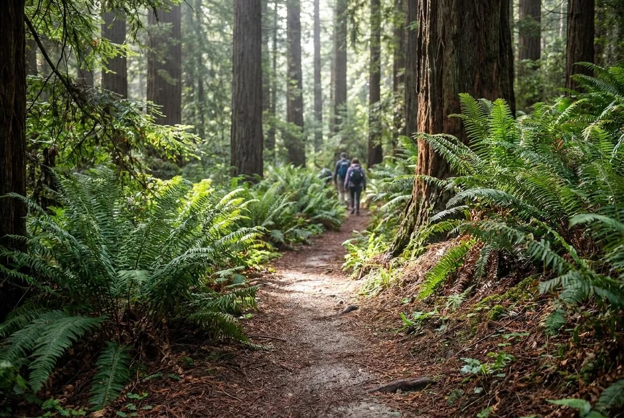 A narrow trail through ferns beneath tall trees, light coming through in patches