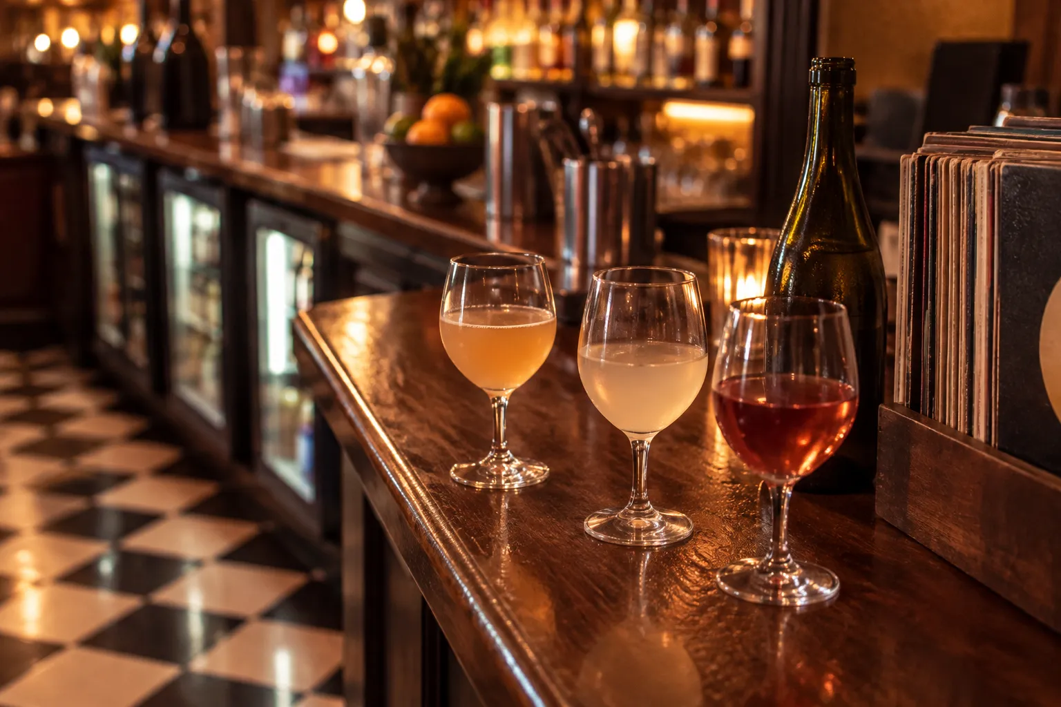 Small glasses of natural wine on a checkered floor bar
