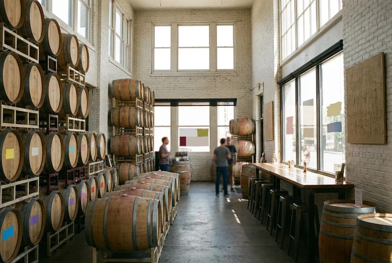 A warehouse interior with stacked barrels and a counter set up along one side