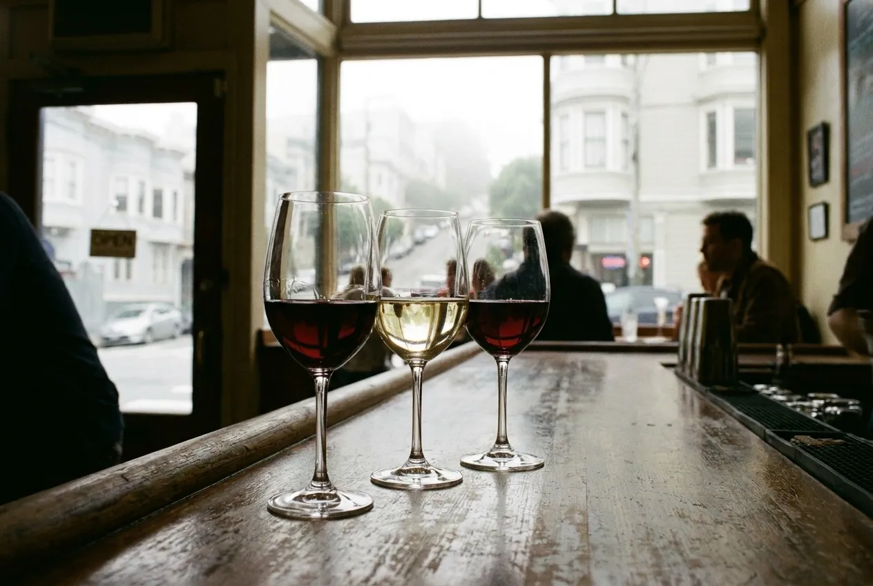 A short flight of glasses lined up on a wooden bar, each with a different depth of colour