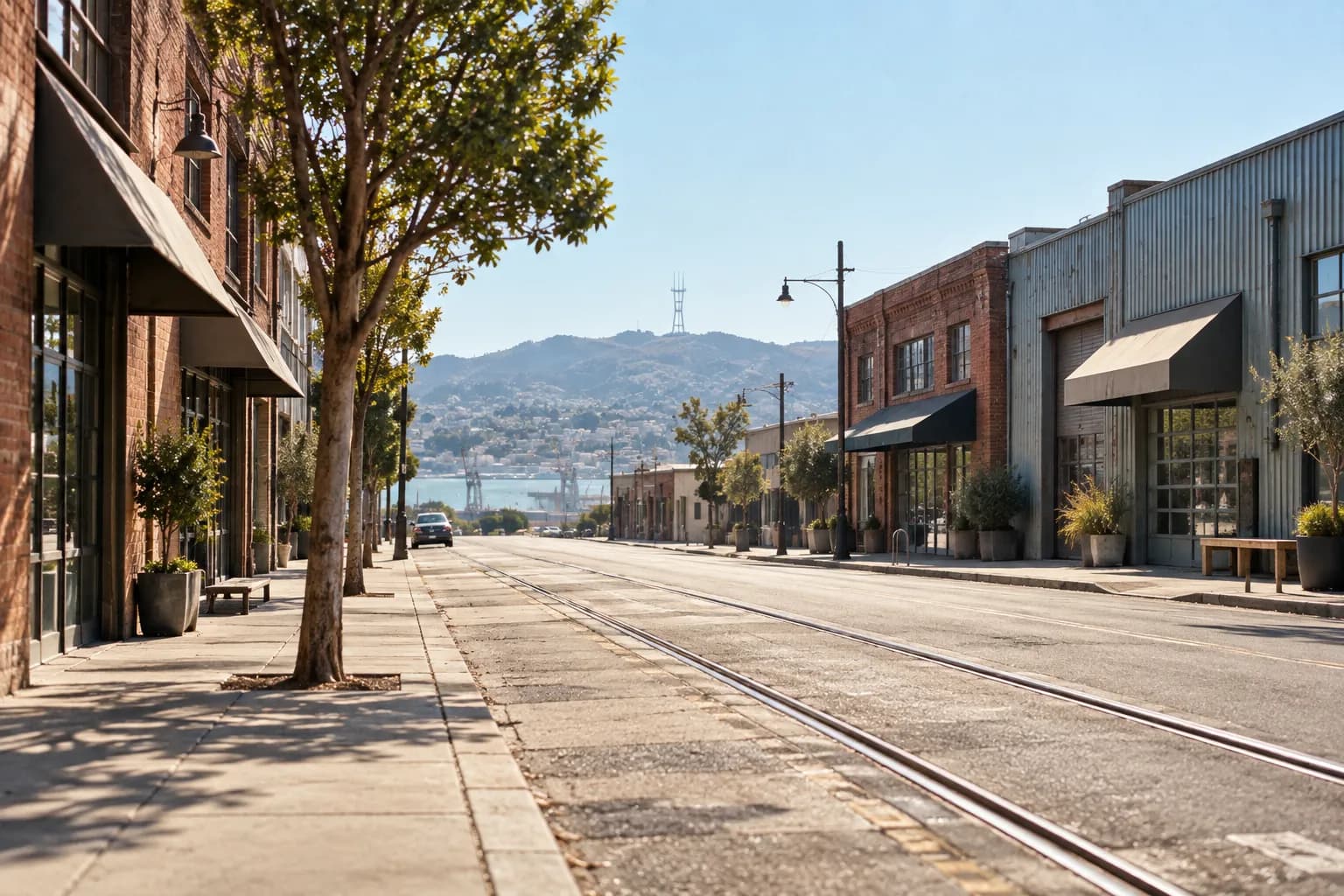 A quiet Dogpatch street in San Francisco with low industrial buildings