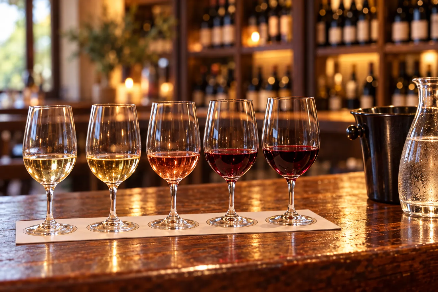 A wine bar counter with glasses lined up for a tasting flight