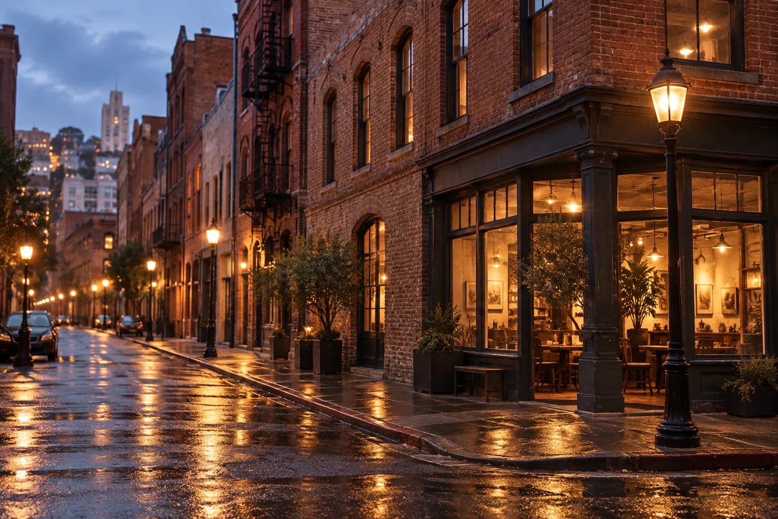 A brick street corner in Jackson Square San Francisco at dusk