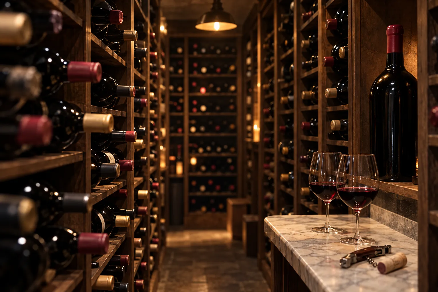 Bottles racked in a small wine cave with a tasting counter