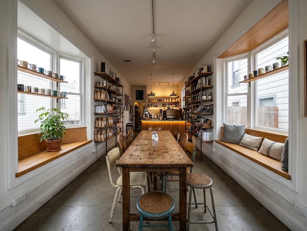A San Francisco café with a long communal timber table, a bench along a bay window and power sockets visible on the skirting board