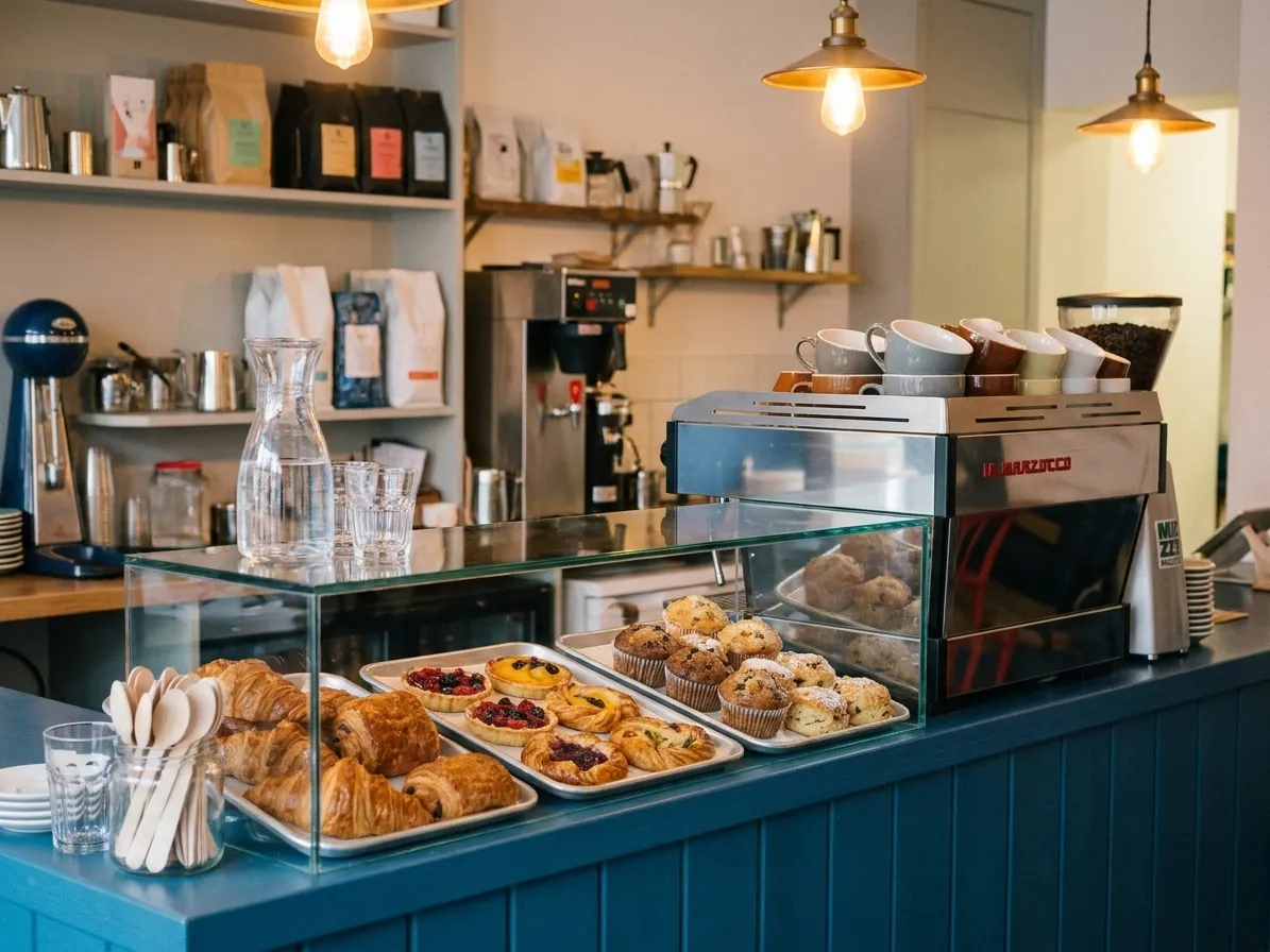 A small café counter with a three-tray pastry case, espresso machine behind and a stack of ceramic cups on top under warm pendant light