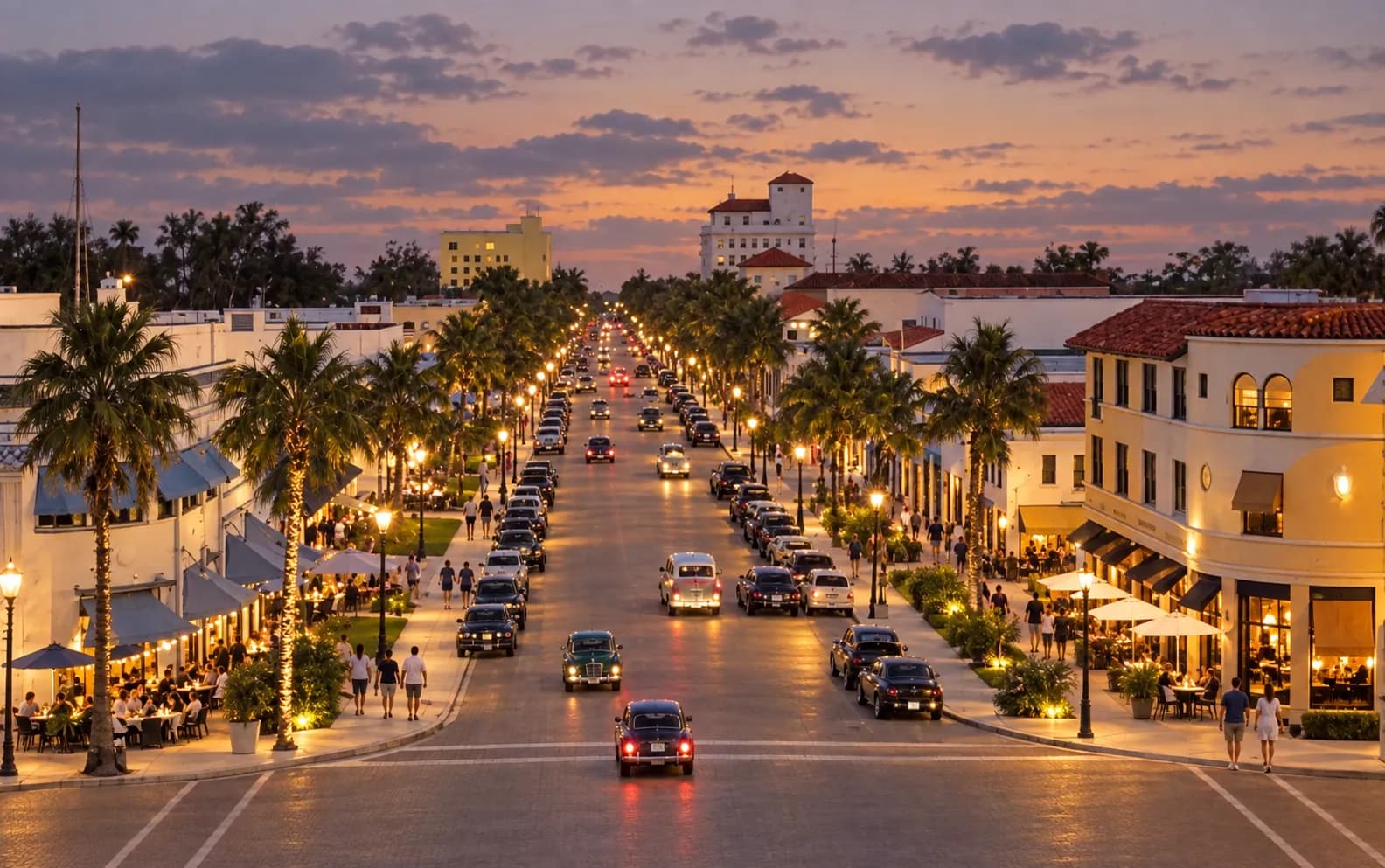 Pedestrian mall in a beach city at dusk with outdoor seating under awnings, a planted median with palms and low modernist buildings either side