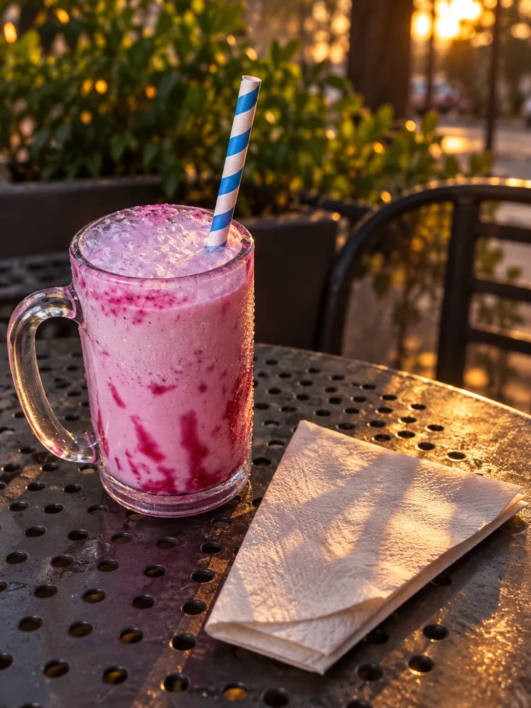 Thick hand-spun milkshake in a tall cup with a straw, condensation on the sides, on an outdoor metal table in dappled evening light