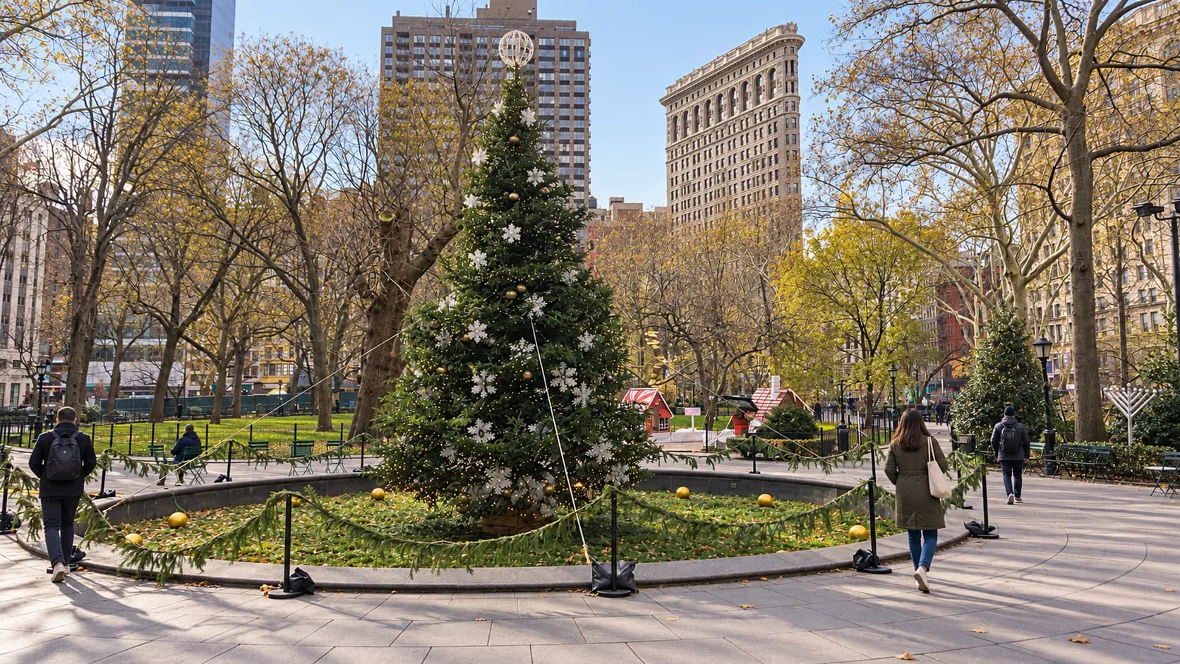 City park with mature plane trees over a paved path, green benches and movable chairs, and tall pre-war buildings rising beyond the tree line