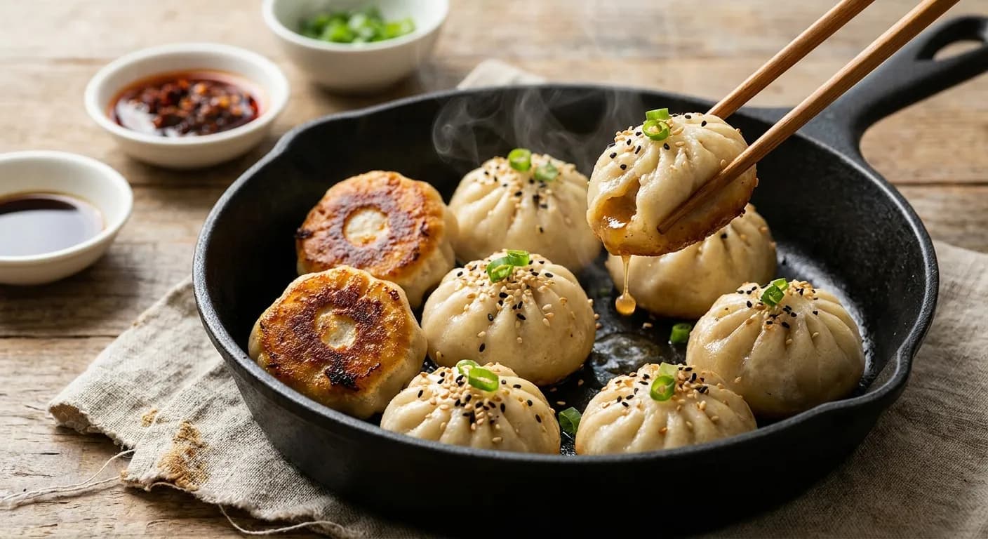Crispy-bottomed sheng jian bao topped with sesame and scallions steaming in a cast iron pan