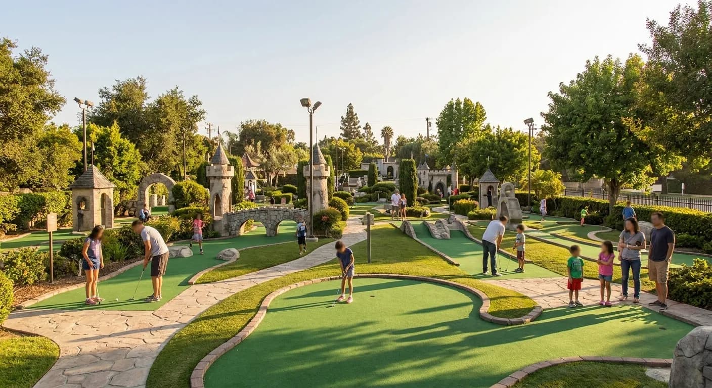 Wide view of Castle Park's landscaped miniature golf course with castle-themed obstacles and putting greens in Sherman Oaks