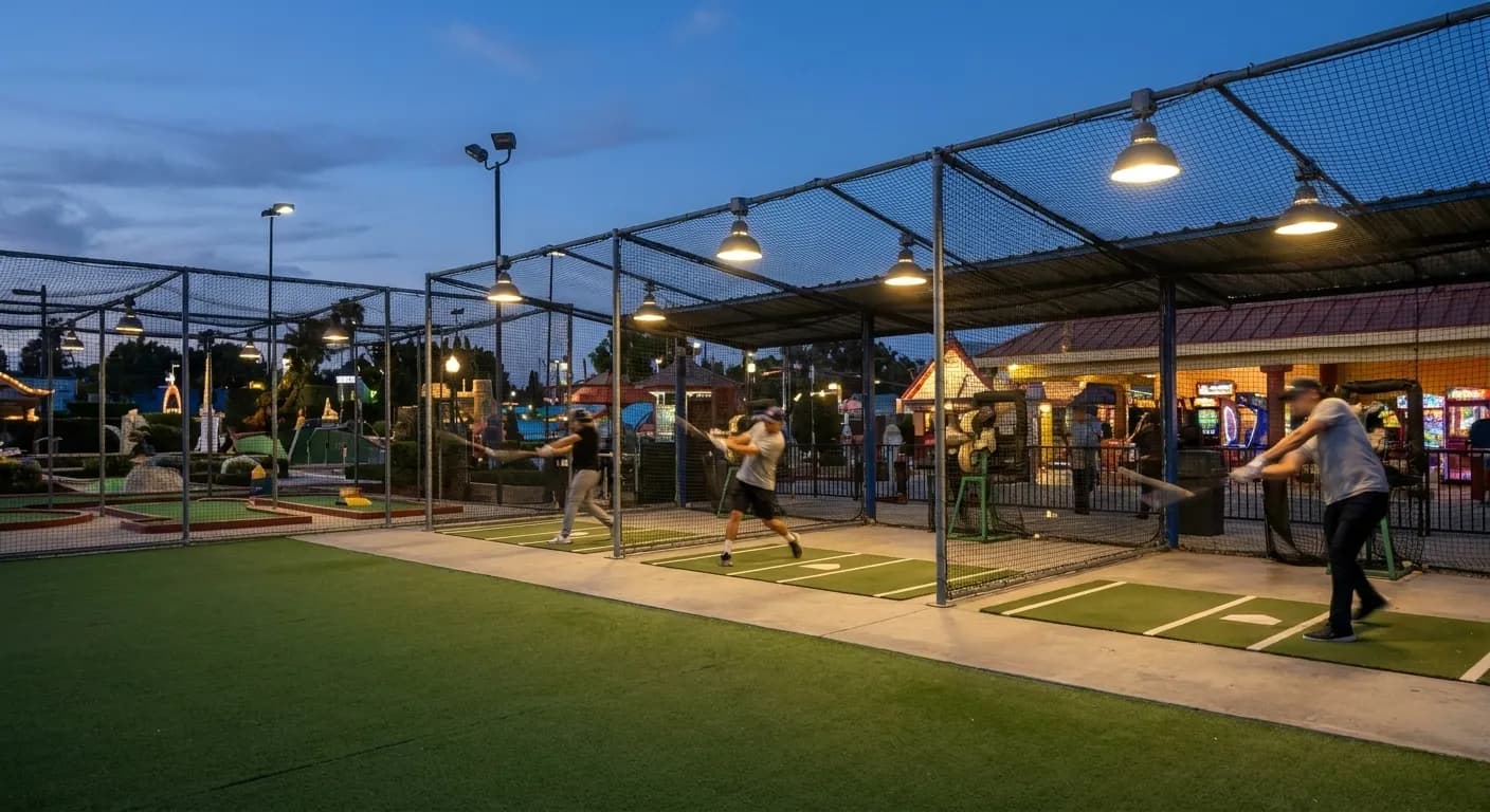 Batting cages illuminated by overhead lights at dusk with nets and pitching machines visible at Castle Park
