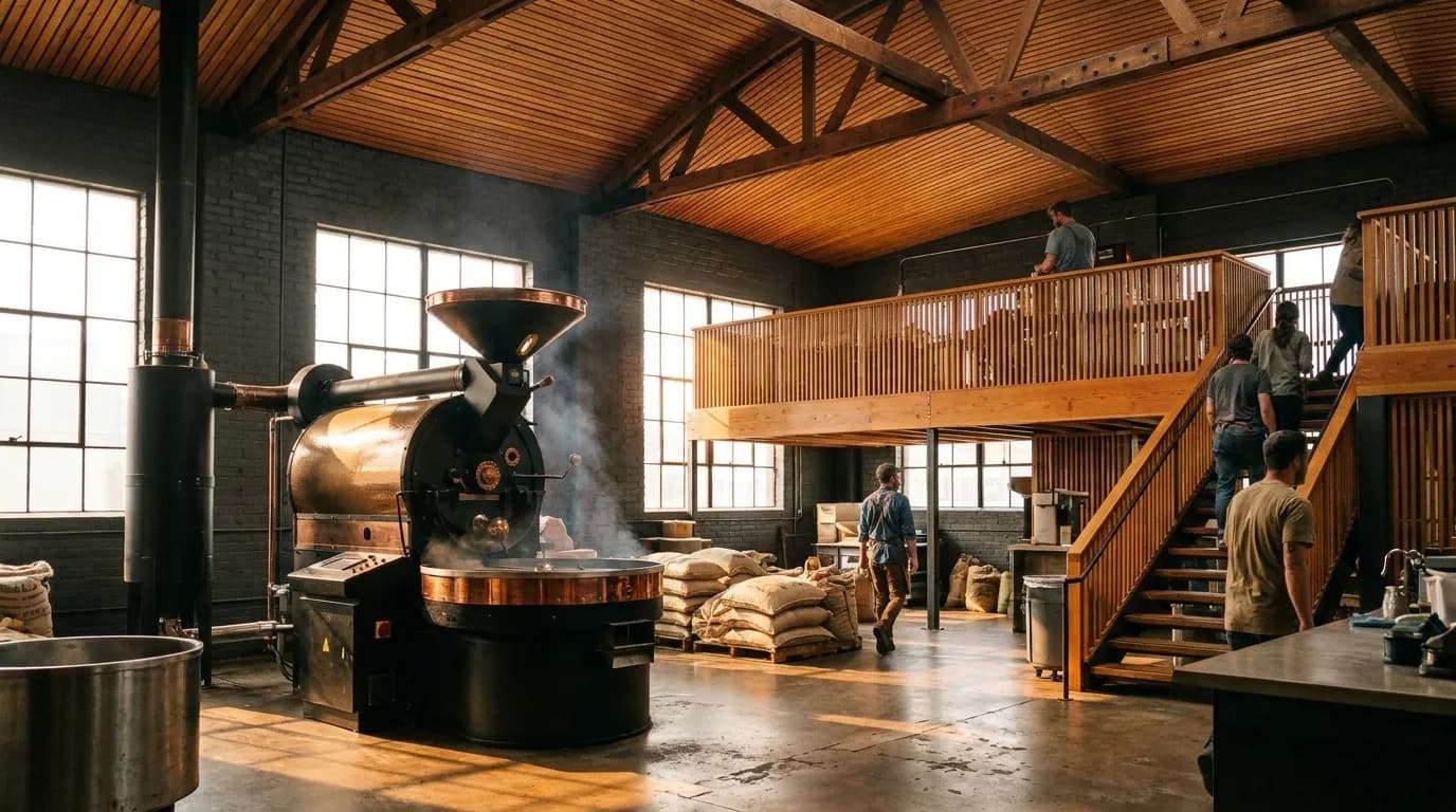 Industrial warehouse interior with exposed timber roof trusses and slatted ceiling, morning sunlight through tall windows illuminating a cast-iron drum roaster, wooden mezzanine above in warm brown and charcoal grey tones