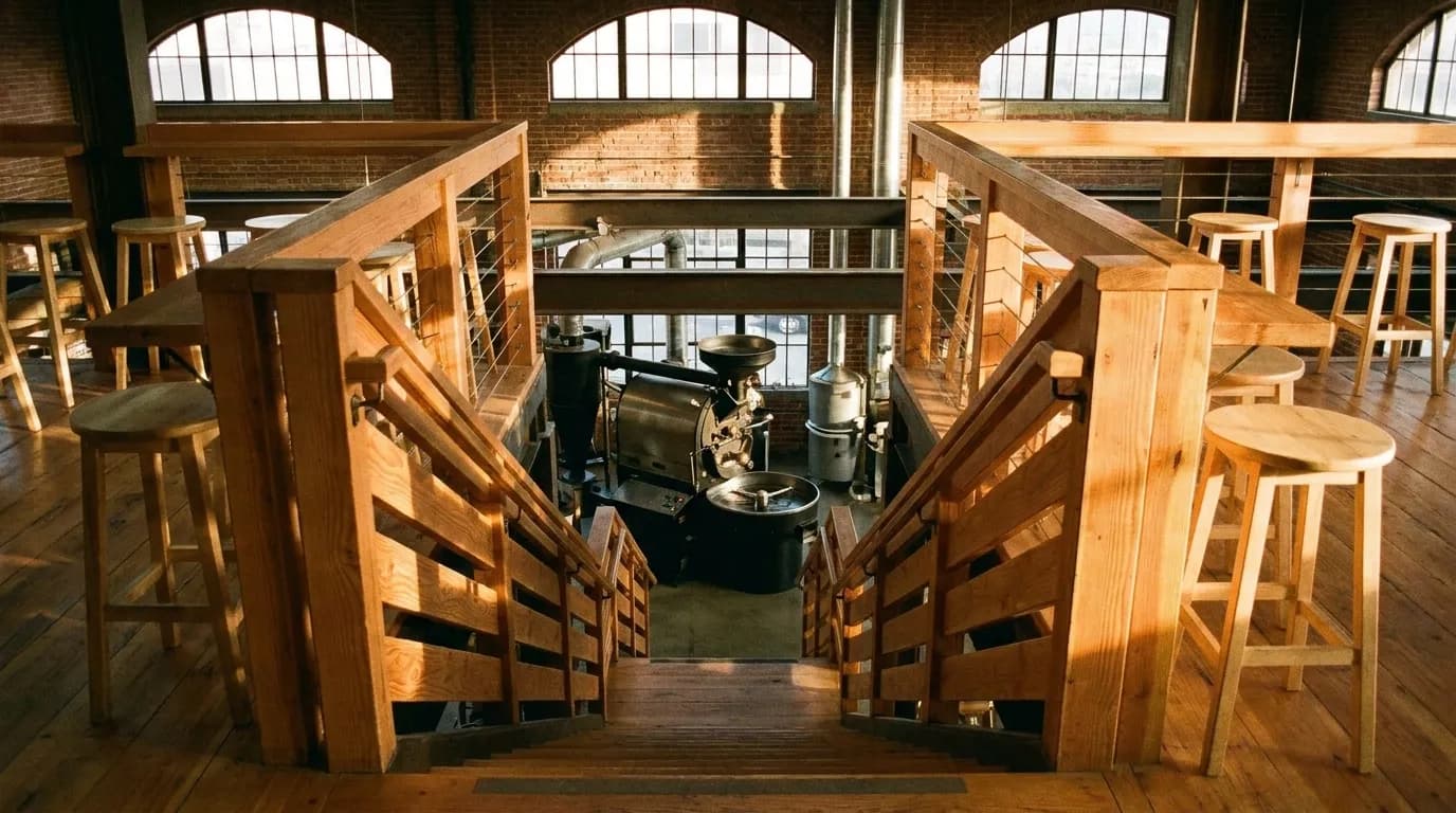 Wooden staircase ascending to mezzanine with simple stools and rails, afternoon light through upper windows, view angled toward industrial roasting equipment below, warm timber and exposed brick