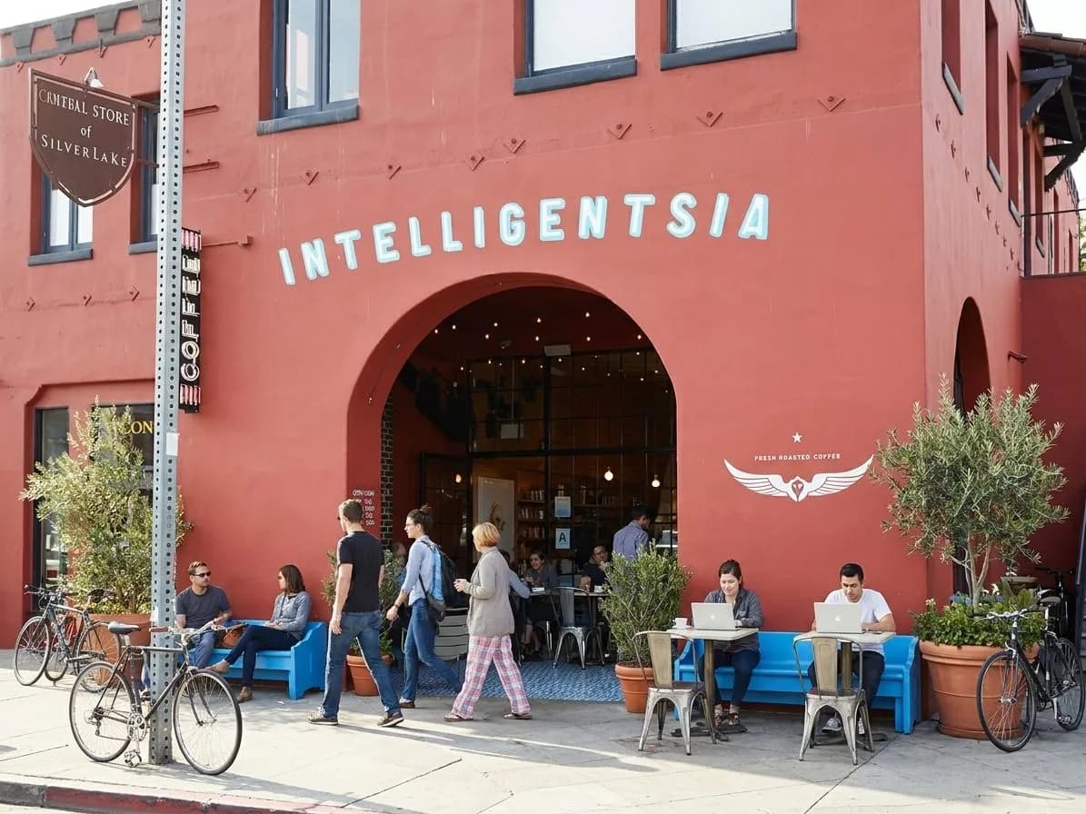 Silver Lake café storefront with morning sidewalk traffic