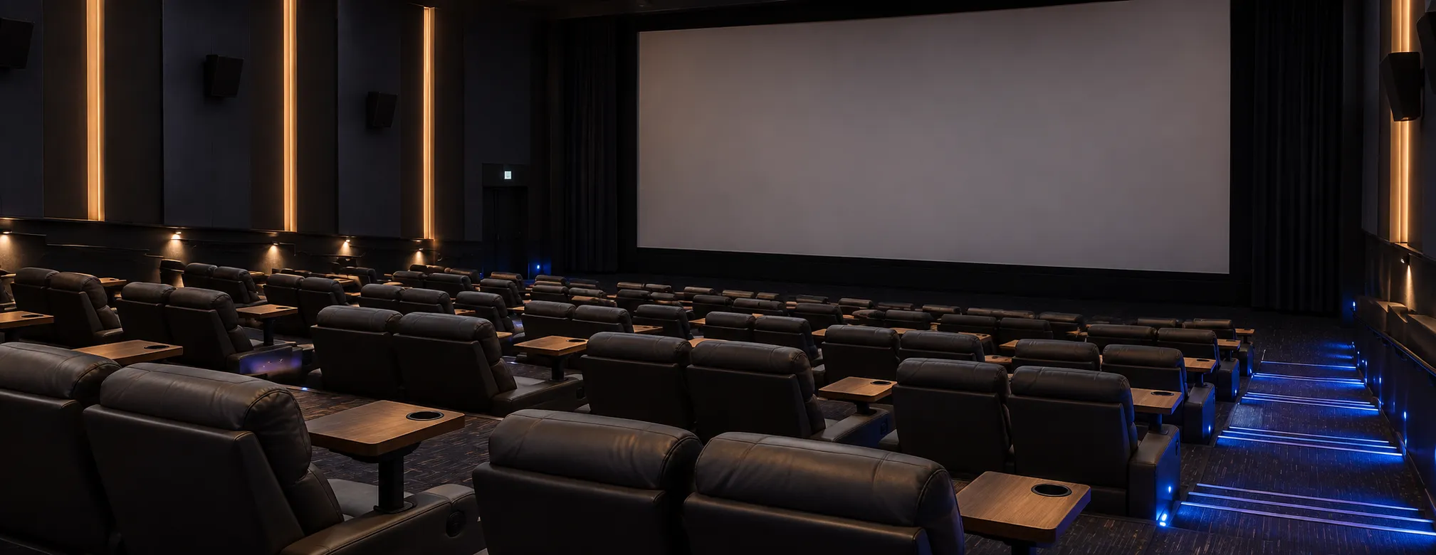 Cinema auditorium fitted with wide reclining leather seats in paired rows with side tables, under low blue aisle lighting
