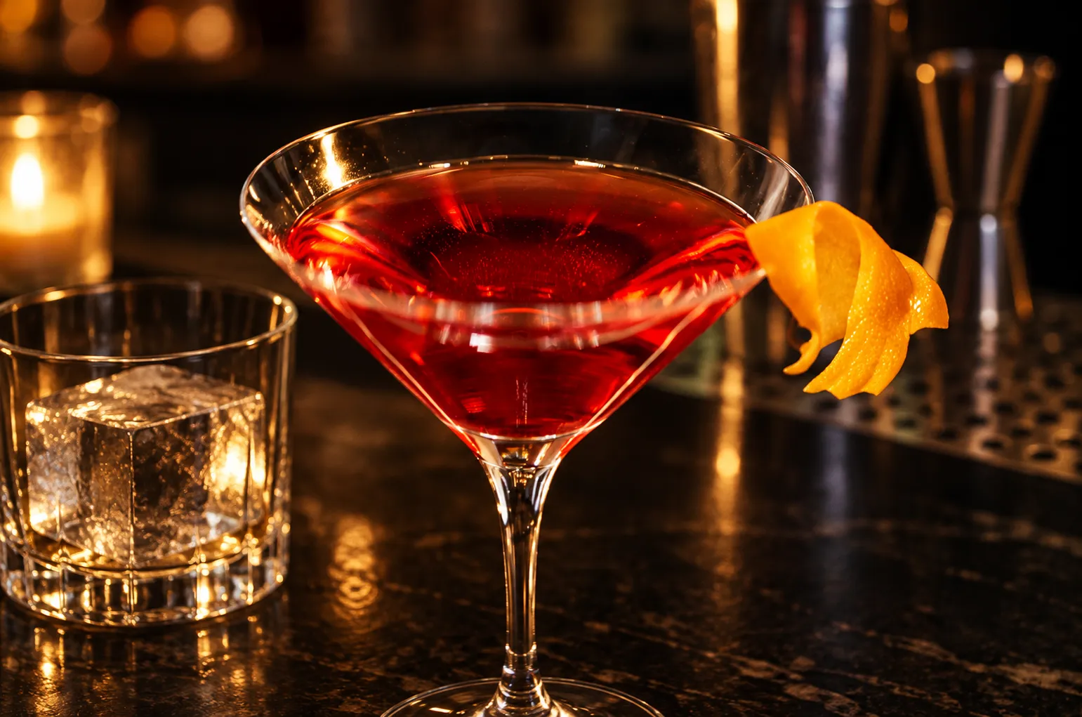 Stirred cocktail in a coupe on a dark bar top with a citrus twist on the rim and a large clear ice cube in a companion glass