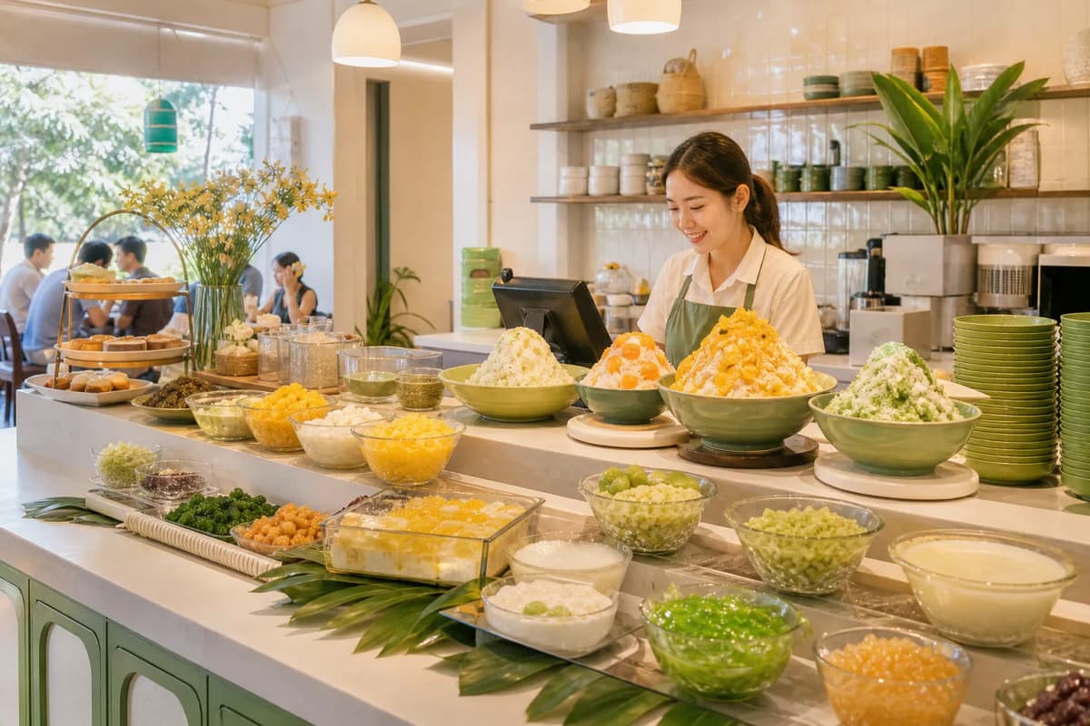 A bright Singapore dessert and tea counter with tropical color